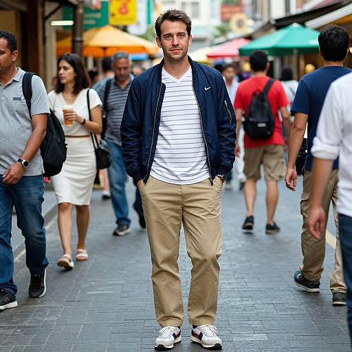 Photograph of a bearded man with short brown hair, wearing a black jacket, white striped shirt, beige pants, and white sneakers, standing in