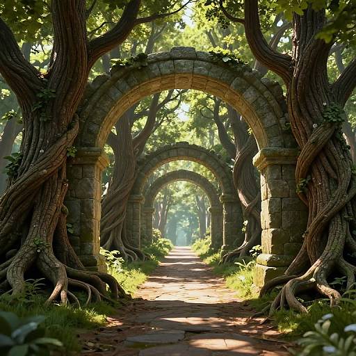 Photograph of a sunlit, ancient stone archway surrounded by towering, twisted trees with thick roots, creating a magical forest pathway.