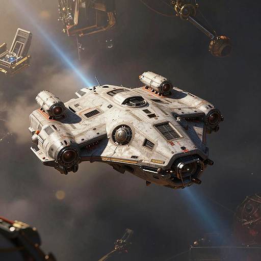 CGI image of a silver, spherical Star Wars X-wing spaceship flying through space, illuminated by a bright blue starlight beam, surrounded by distant,