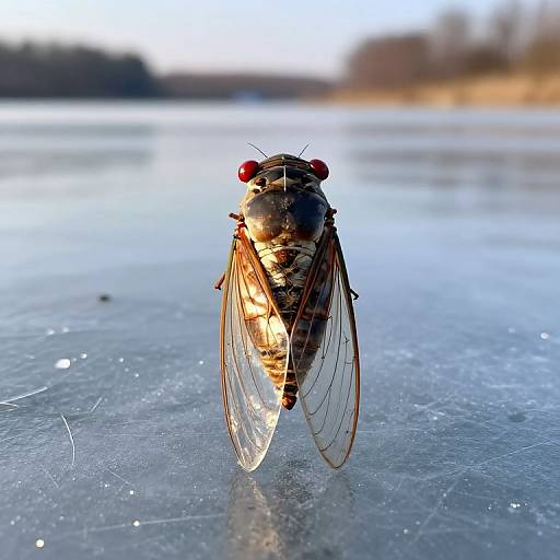 Close-up photograph of a small, brown, mosquito with red eyes standing on a frozen, icy surface, blurred winter landscape in background.