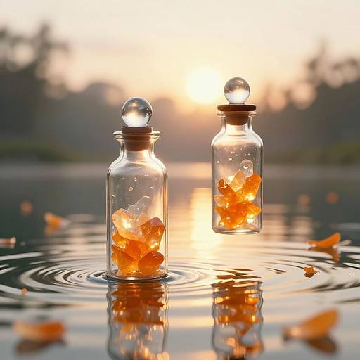 Photograph of two clear glass vials with orange peels and corked tops, floating on a still lake at sunset, ripples surrounding them,