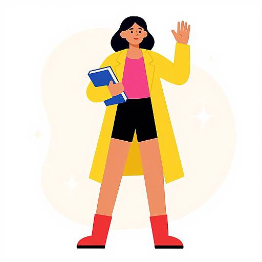 Digital illustration of a woman with black hair, wearing a yellow lab coat, pink shirt, black shorts, red boots, holding a blue book, waving