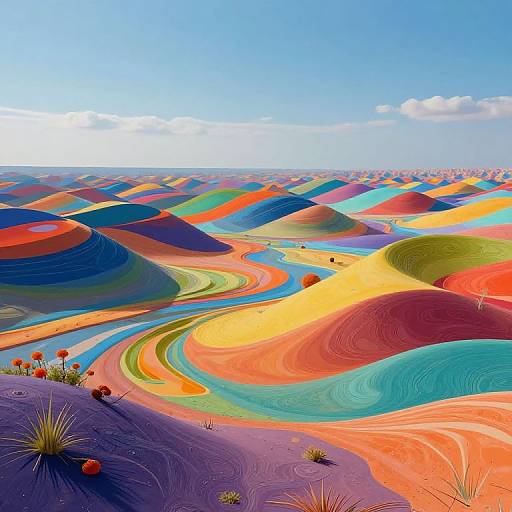 Vibrant photograph of colorful sand dunes with swirling patterns in red, orange, blue, green, and purple under a clear sky.