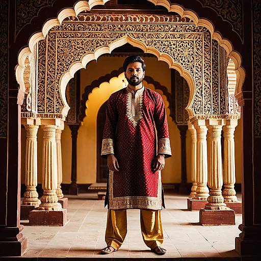 Indian Man in Traditional Kurta Under Ornate Archway