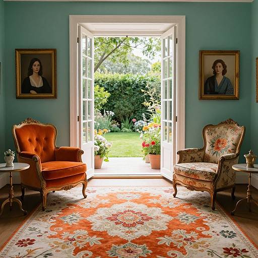 Photograph of a vintage living room with turquoise walls, orange floral rug, two ornate armchairs, and open French doors revealing a lush garden