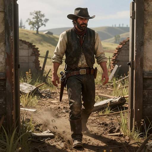 Western Bounty Hunter Walking Through Old Mission Ruins