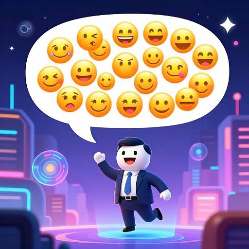 Cartoon businessman in black suit with white shirt and tie, smiling, raising arm, in futuristic neon-lit city, speech bubble with 16 smiling