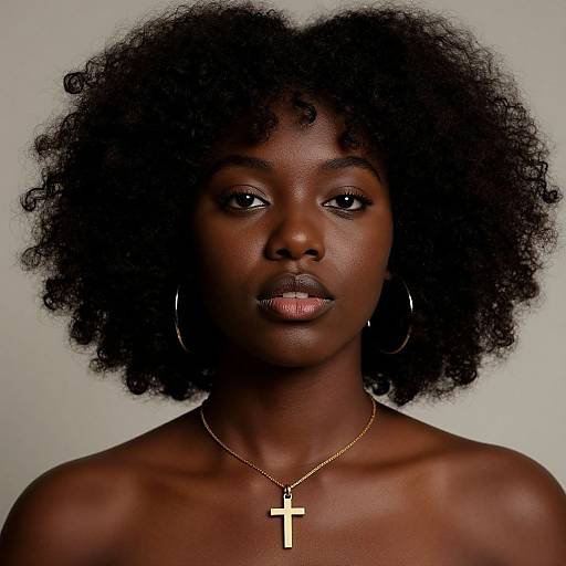 Photograph of a beautiful, dark-skinned woman with natural afro hair, wearing large hoop earrings and a gold cross necklace, against a plain white