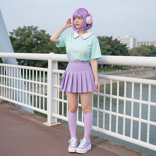 Photograph of a young woman with purple bob haircut, pink headphones, pastel green shirt, lavender skirt, knee-high socks, and white sneakers,