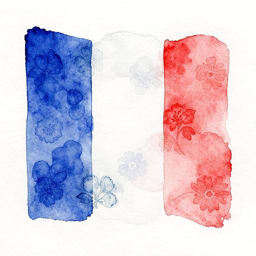 Watercolor painting of three vertical rectangles: blue with floral patterns, white, and red with floral patterns, resembling the French flag.