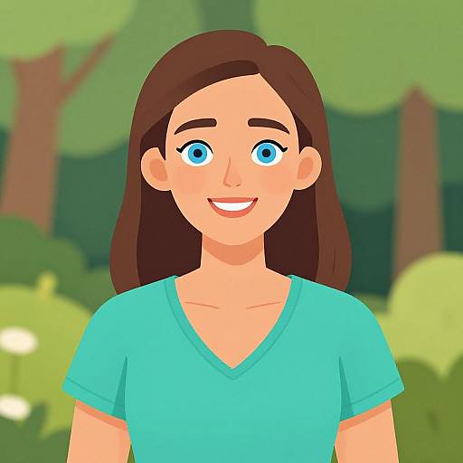 Digital illustration of a smiling woman with blue eyes, brown hair, and a teal V-neck shirt, set against a green forest background.