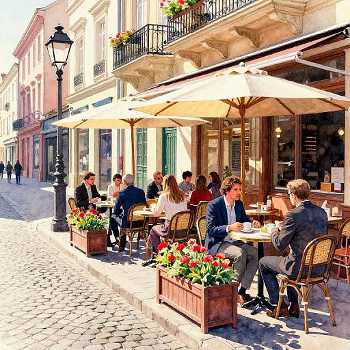 Photograph of a sunny European street café with patrons dining under large beige umbrellas, surrounded by flower boxes and pastel-colored buildings.