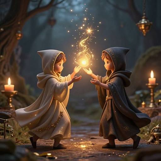 Two children in hooded robes conjure a glowing fire in a moonlit forest, surrounded by lit candles and twinkling sparks. Digital artwork.