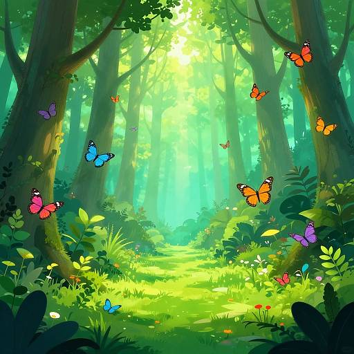 Vibrant Enchanted Forest with Butterflies