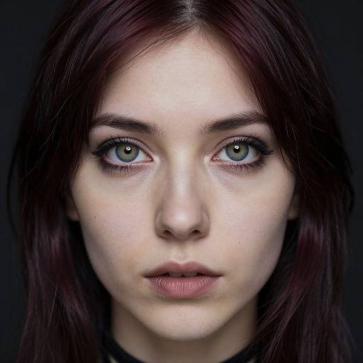 Photograph of a pale-skinned young woman with striking blue eyes, dark red hair, subtle makeup, and a serious expression against a black background.