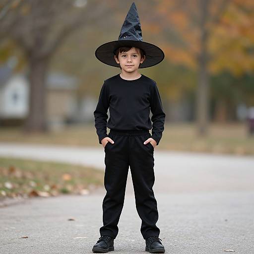 Photograph of a young boy in a black witch hat and outfit, standing confidently on a suburban street with autumn foliage in the blurred background.