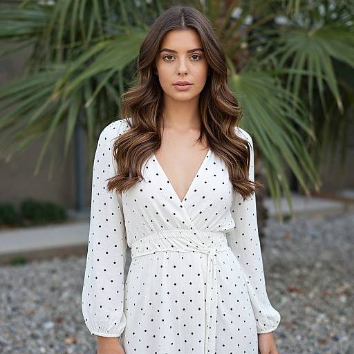 Photograph of a young woman with long, wavy brown hair, wearing a white, polka-dotted, deep V-neck dress, standing in