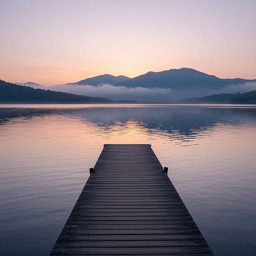 Photograph of a wooden dock extending into a calm, misty lake at sunrise, with mountains silhouetted against a pink and purple sky.
