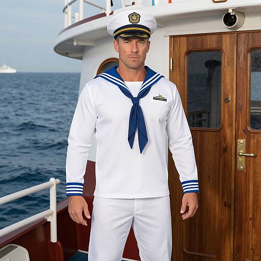 Photograph of a handsome male sailor in white naval uniform with blue trim, standing on a ship's deck, ocean in background, wooden door behind him