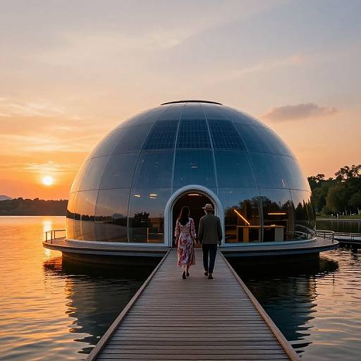 Photograph of a reflective, dome-shaped building on a serene lake at sunset, with a wooden dock and a couple walking towards the entrance.