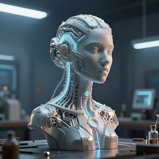 Futuristic AI Sculpture in Workshop