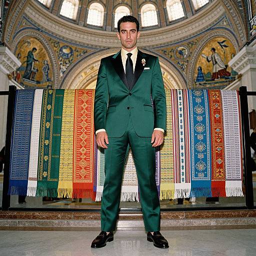 Photograph of a handsome man in a dark green suit, black tie, and white shirt, standing in front of colorful, patterned prayer cloths