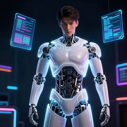 CGI image of a futuristic, glowing white male android with sleek, metallic limbs and cybernetic chest, standing in a neon-lit room with