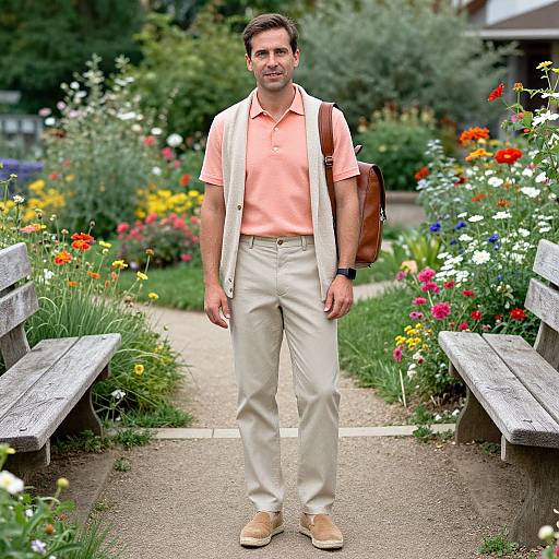 Photograph of a smiling man with brown hair in a peach polo, white vest, beige pants, and brown shoes, standing on a garden path between