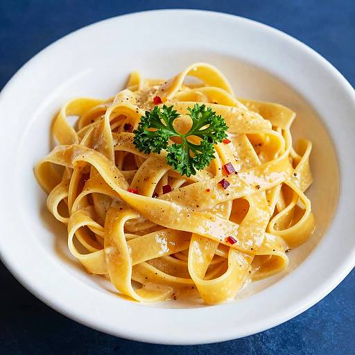 Creamy Golden Fettuccine in Blue Bowl