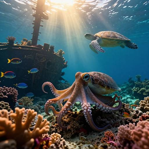 Underwater photograph: Sunlit sea with octopus, turtle, colorful fish, and coral reef near a sunken ship. Sun rays beam through water