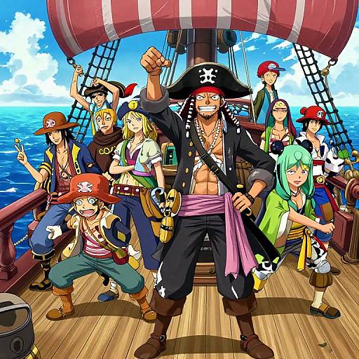 Colorful anime-style illustration of diverse pirate crew on ship deck, led by muscular pirate captain with eye patch and skull tattoo. Background features blue ocean and