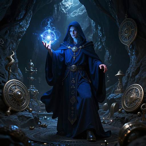 Mysterious sorceress in dark hooded robe, glowing blue orb in hand, ancient runes and artifacts surrounding her in a cavern. Digital fantasy artwork