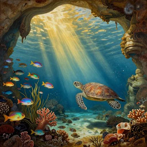 Vibrant underwater scene: Sunlight beams through a rocky arch, illuminating a turtle, colorful fish, coral, and sea plants in a detailed