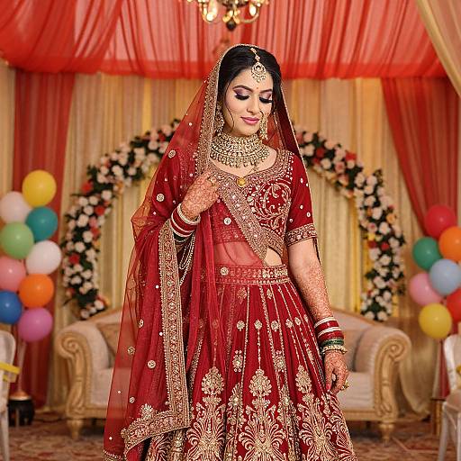 Photograph of a South Asian bride in a red and gold traditional lehenga, adorned with intricate embroidery, jewelry, and a veil, standing in a