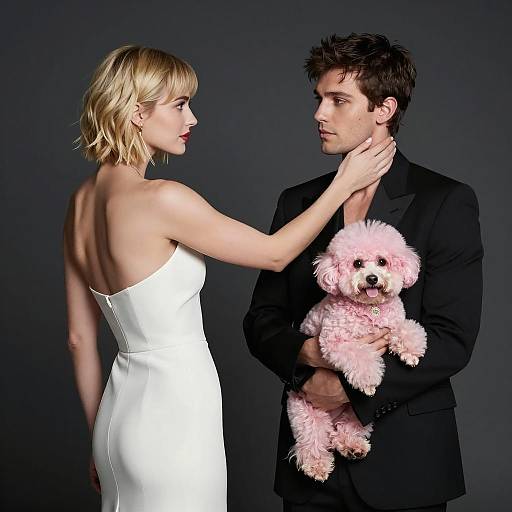 Stylish Couple with Pink Fluffy Dog