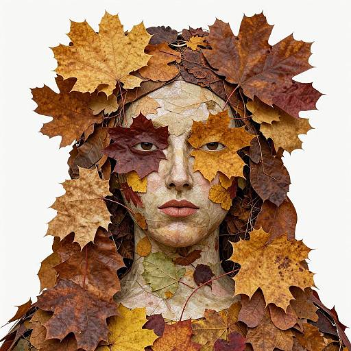 Photorealistic digital artwork of a face surrounded by autumn leaves, blending human features with vibrant orange, brown, and yellow leaves. White background.