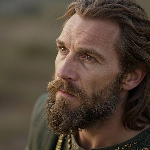 Close-up photograph of a rugged, middle-aged man with long brown hair, full beard, and serious expression, wearing a dark, textured garment. Background