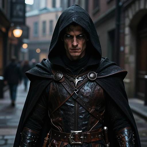 Photograph of a brooding, hooded man in a dark, medieval-style leather armor with metal buckles, standing on a rainy, dimly