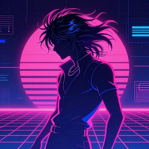 Neon pink and blue silhouette of a confident male with long hair, wearing a button-up shirt, against a retro grid background with a glowing pink sun