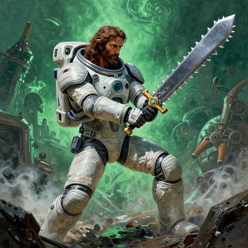 Digital artwork of a bearded, muscular man in white astronaut armor, wielding a spiked silver sword, battling in a chaotic, green-swirled,
