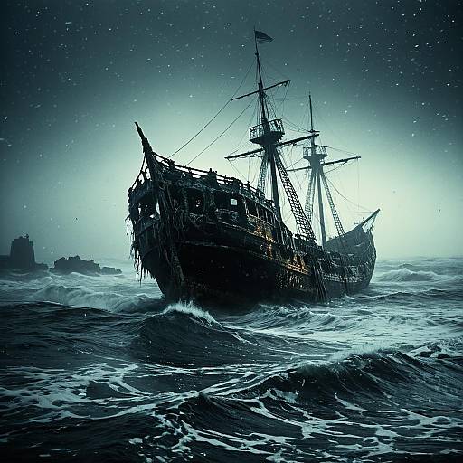 Ghost Ship in Foggy High Seas