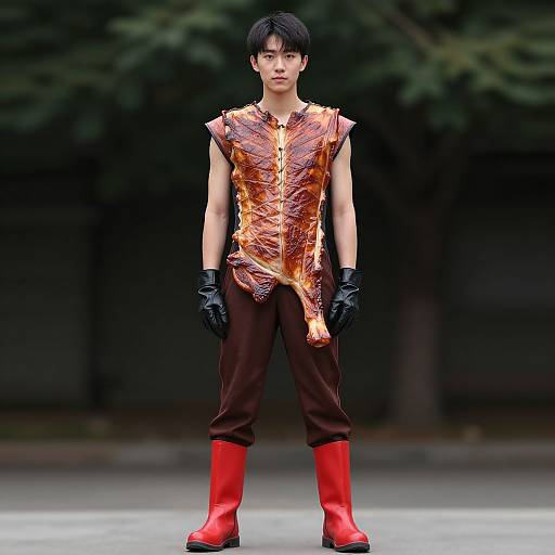 Photograph of an Asian man with short black hair, wearing a flame-patterned sleeveless shirt, black pants, red boots, and black gloves,