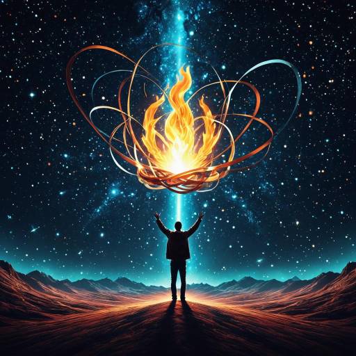 Man Reaching Cosmic Flame in Surreal Galactic Landscape