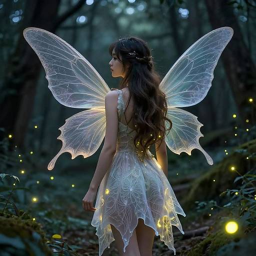 Photograph of a fairy with translucent wings, long brown hair, glowing dress, standing in a dark, enchanted forest with floating fireflies.