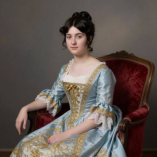 Photograph of a pale-skinned woman with dark hair in an elegant, light blue, gold-trimmed 18th-century gown, sitting on