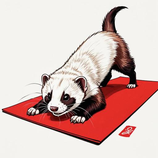 Mischievous Ferret Stretching on Red Mat