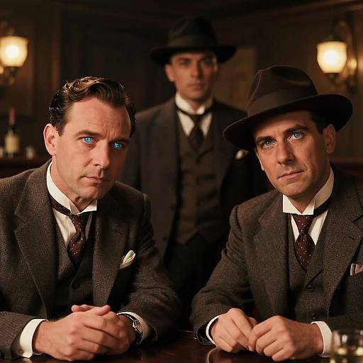 Photograph of two men in dark suits and hats with blue eyes, seated at a bar, with a third man in background. Vintage, dimly