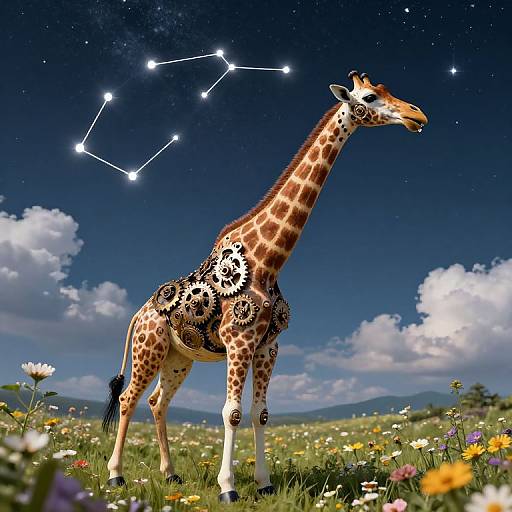Photograph of a giraffe with distinctive brown spots standing in a colorful flower field under a starry night sky with a constellation.