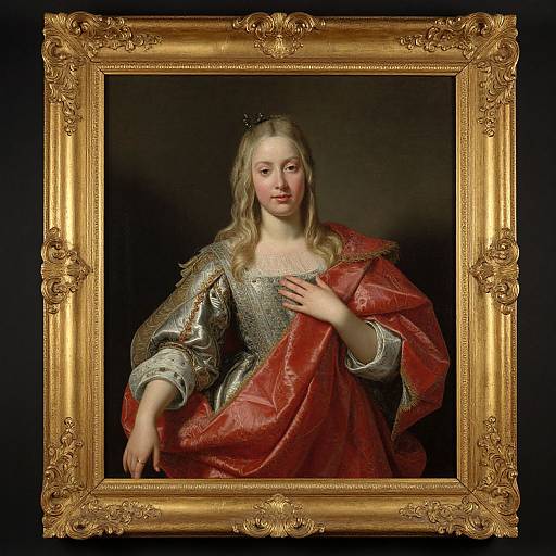 Baroque painting of a fair-skinned, blonde noblewoman in a silver and red gown, framed in an ornate gold frame. She gazes
