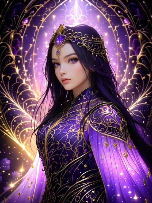 Fantasy Woman in Ornate Purple and Gold Armor